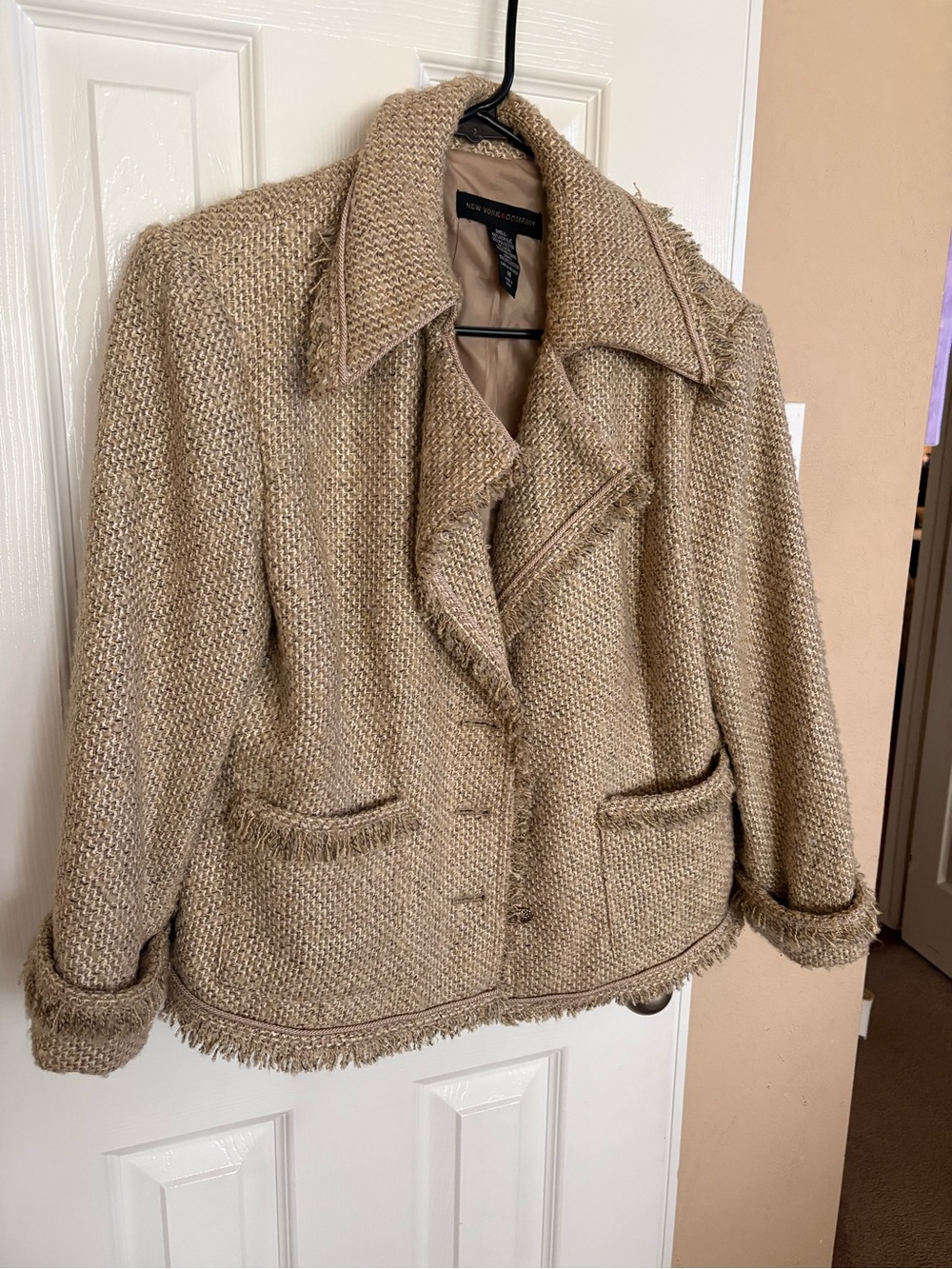 New York & Company Beige Bouclé Fringe Trim Jacket
